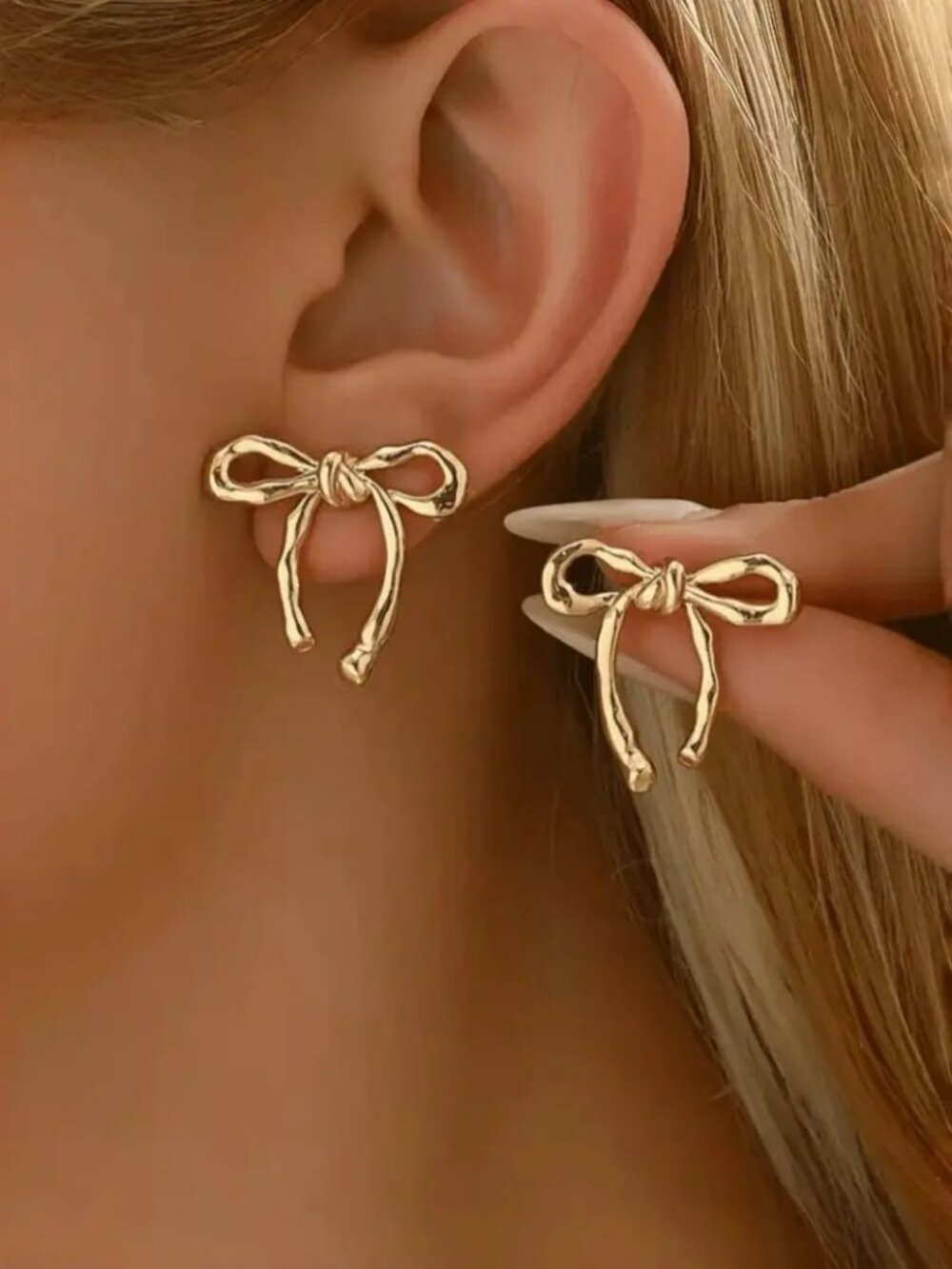 Gold Tone Bow Knot Stud Earrings Womens Ribbon Coquette Statement Jewelry Gift